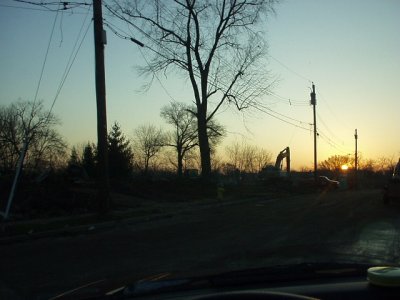 Sunrise with the block cleared except for the corner house.