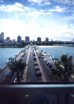 Looking out the glass elevator at the pier.