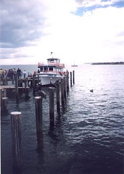 Docked tourist boat.